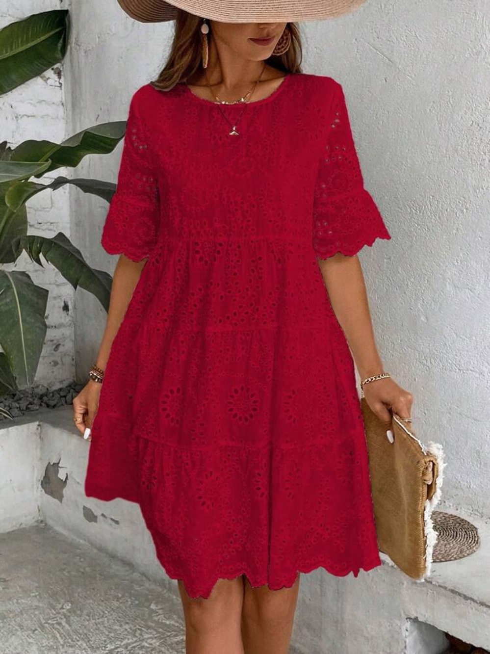 Red Eyelet Tiered Mini Dress with Scalloped Sleeves